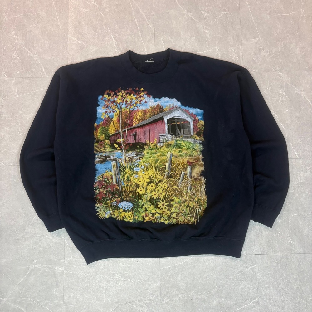 Vintage Covered Bridge Graphic Sweatshirt Navy Blue Autumn Scenic Crewneck XL
